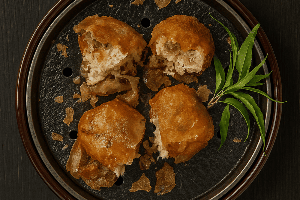 The square crab spring rolls are fried to a crispy golden brown and cut into bite-sized pieces for serving